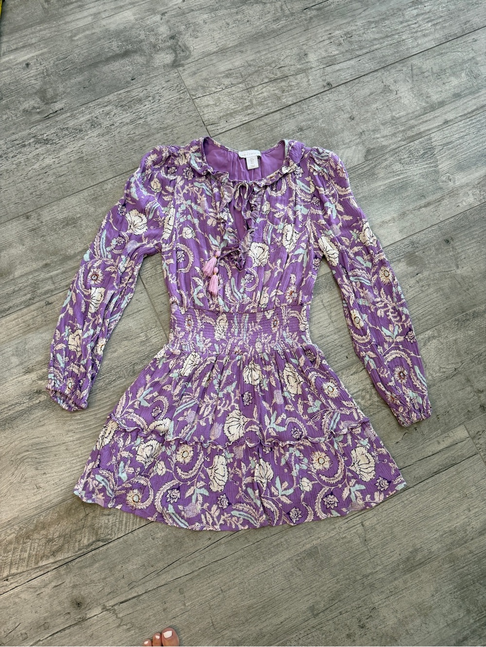 House of Harlow Boho Lavender Floral Long-Sleeve Mini Dress